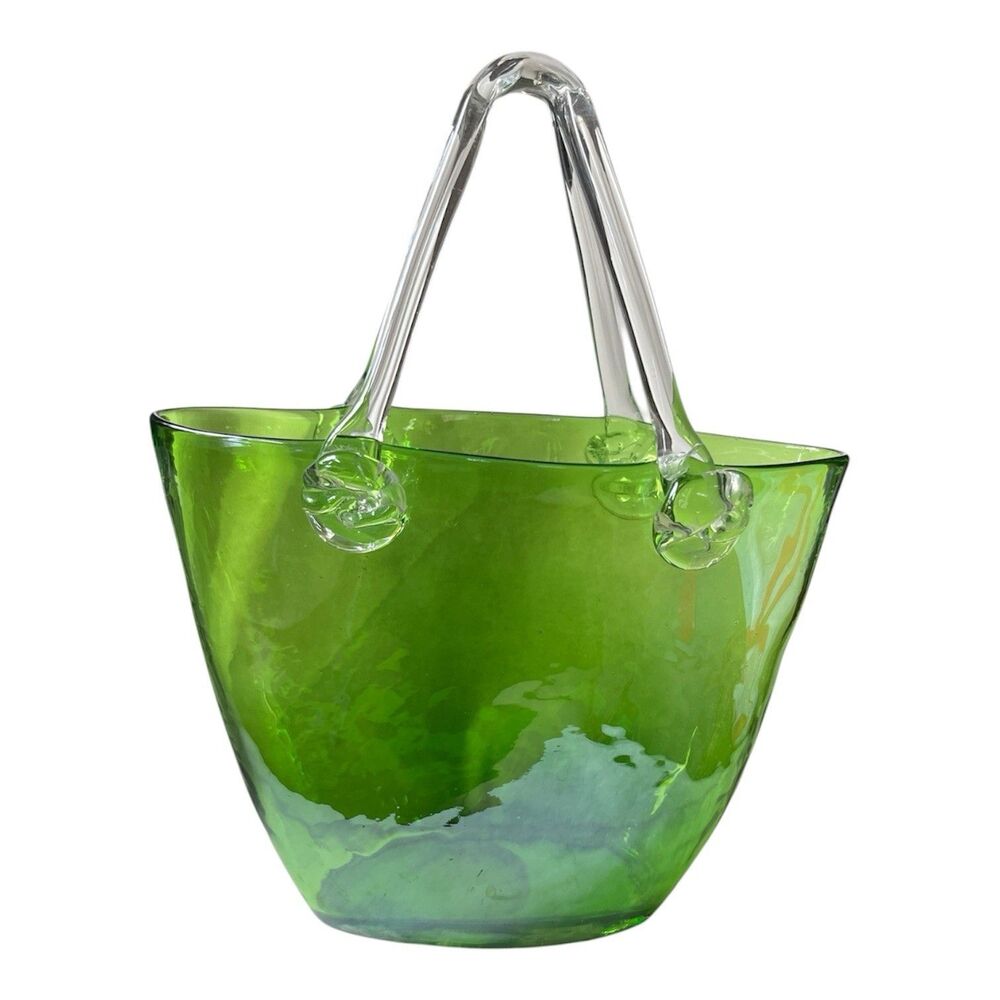 Vintage Hand Blown Green Glass Purse Vase With Handles 8.5 x 6.5"